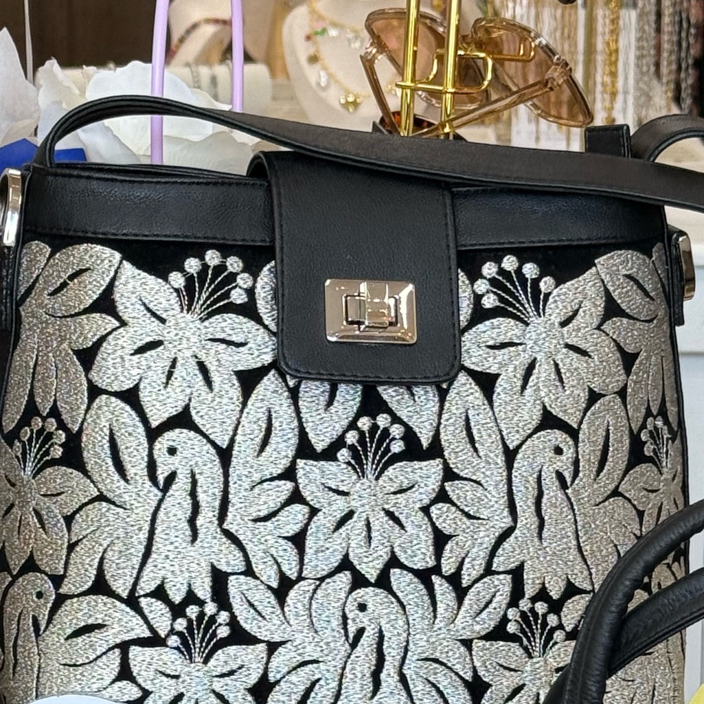 Elegant Black And Silver Floral Handbag
